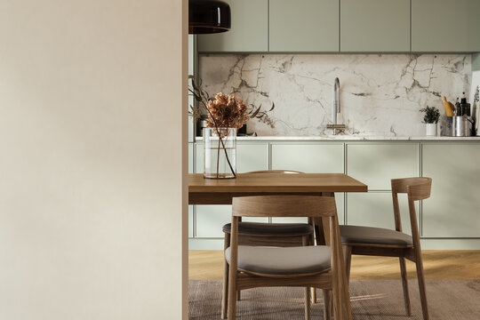 Close up of dinning table in kitchen, empty room.