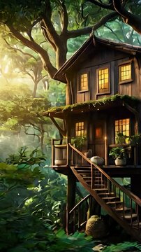 A charming treehouse nestled in the lush foliage of a towering tree in the heart of a dense forest