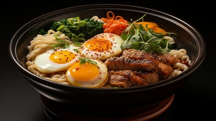Close view of ramen, front view from above, studio lighting, isolated white background.
