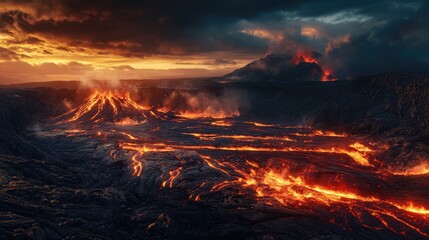 A dramatic volcanic landscape with flowing lava and rugged, dark terrain illuminated by a fiery eruption