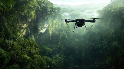 Fototapeta premium A drone navigating through a dense jungle, capturing aerial data and mapping the terrain with advanced sensors