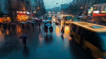 Obraz premium The view from the window of an office in Istanbul shows a heavy rain outside with people walking on Taksim Guardians street with umbrellas