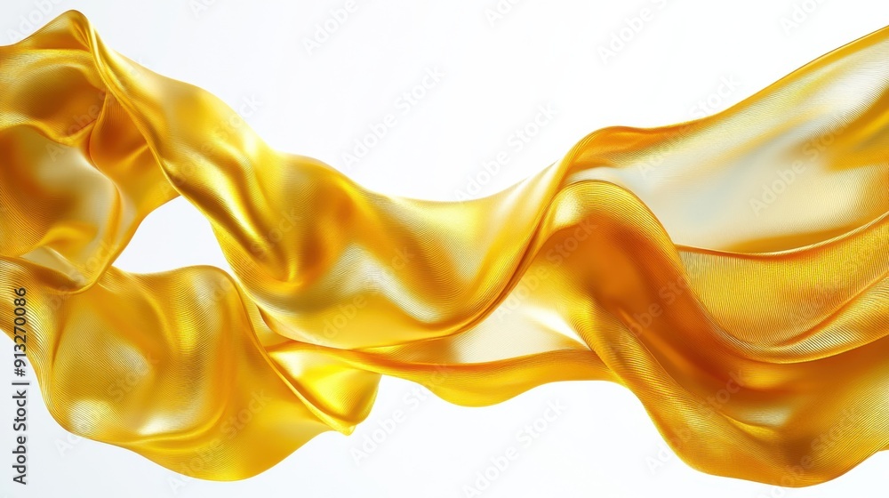 Poster abstract fluid shapes, 3d rendering illustration of gold waves and cloth fabric floating in the whit