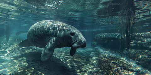 A manatee swims underwater with sunbeams shining through.
