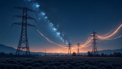 Electricity transmission towers and infrastructure network, digital visualization of power lines with renewable energy supply against starry sky