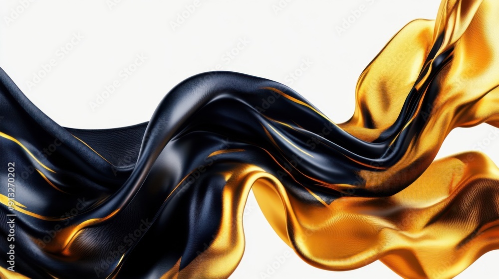 Poster abstract fluid shapes, 3d rendering illustration of black and gold color waves and cloth fabric floa