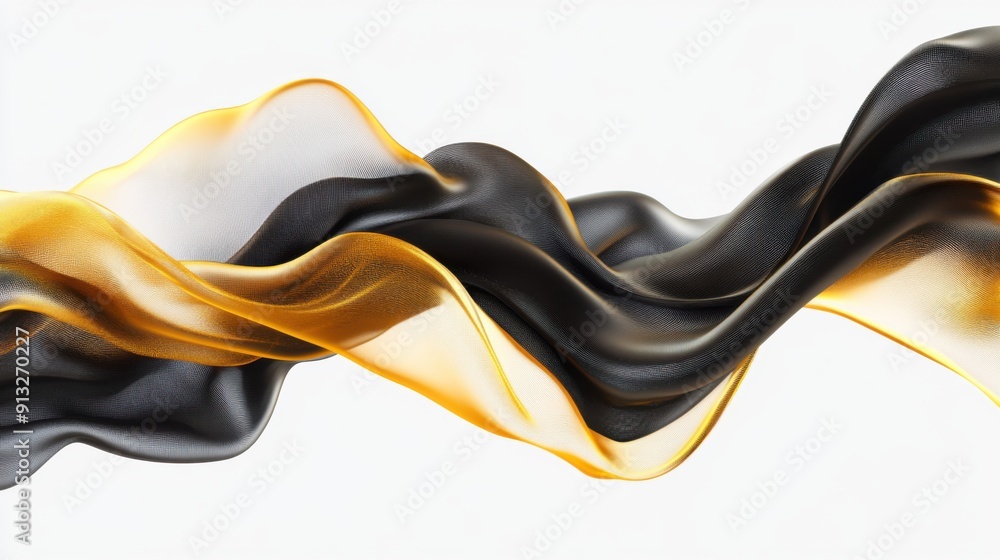 Poster abstract fluid shapes, 3d rendering illustration of black and gold color waves and cloth fabric floa