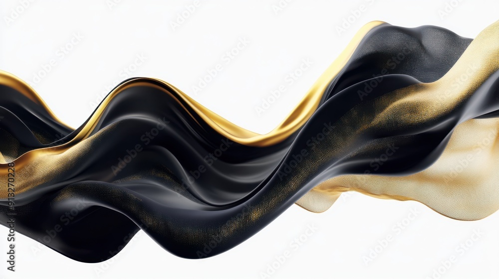 Aufkleber abstract fluid shapes, 3d rendering illustration of black and gold color waves and cloth fabric floa