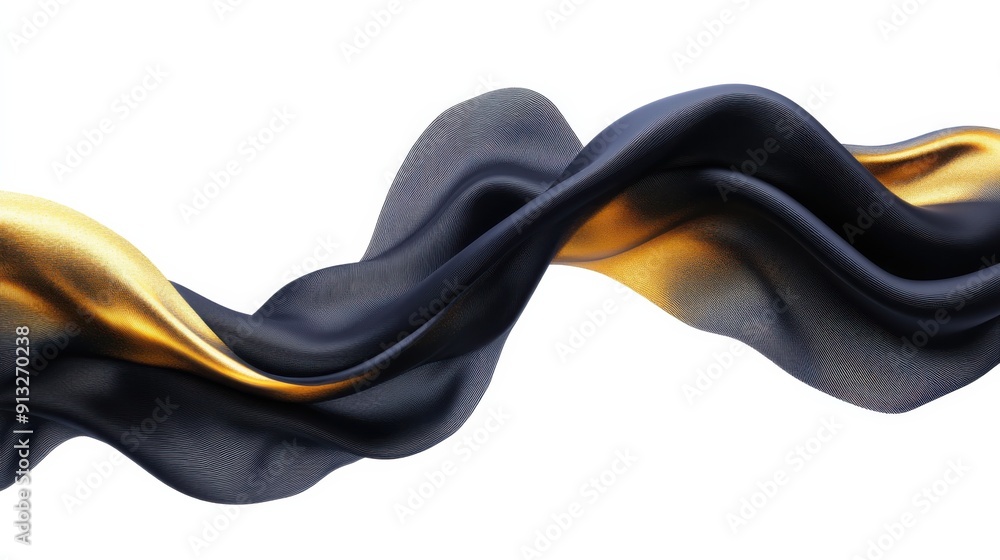 Poster abstract fluid shapes, 3d rendering illustration of black and gold color waves and cloth fabric floa