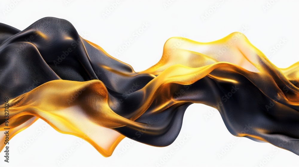 Aufkleber abstract fluid shapes, 3d rendering illustration of black and gold color waves and cloth fabric floa