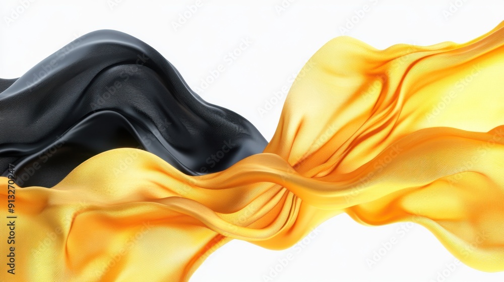 Aufkleber abstract fluid shapes, 3d rendering illustration of black and gold color waves and cloth fabric floa