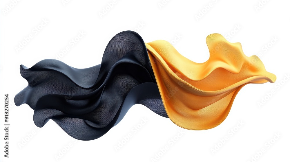 Aufkleber abstract fluid shapes, 3d rendering illustration of black and gold color waves and cloth fabric floa