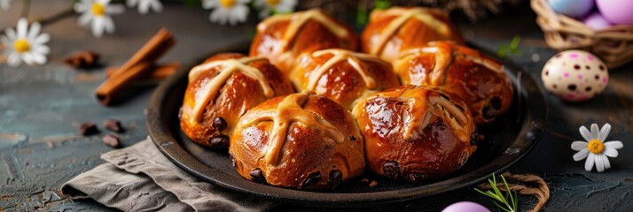 Freshly baked hot cross buns with chocolate candy eggs on a plate for Easter tradition