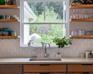 interior of a kitchen, sink with window
