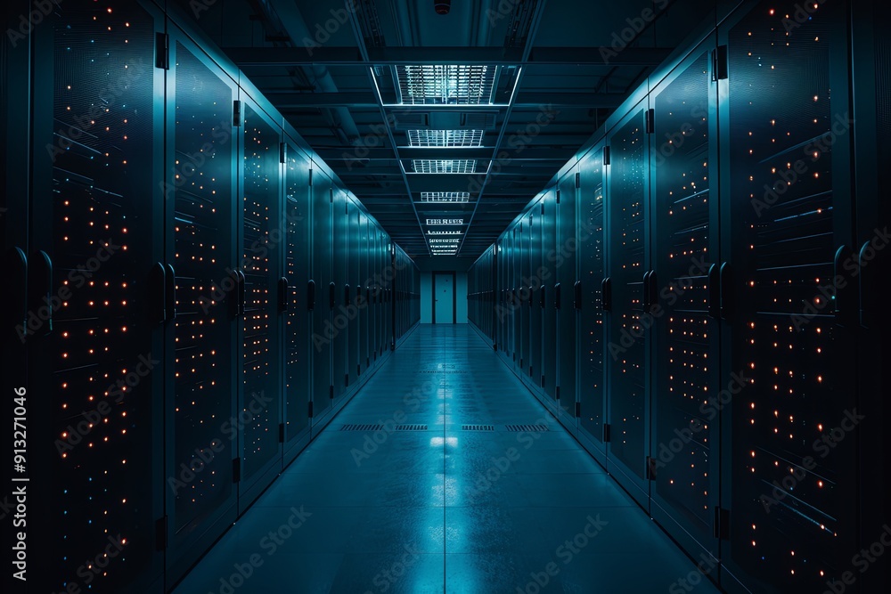 Poster dimly lit server room showcases rows of equipment with ambient lighting illuminating the space. gene