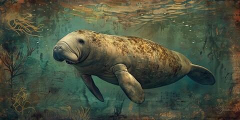 Fototapeta premium A manatee swimming in a greenish-brown water.