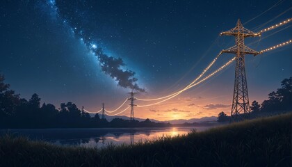 Efficient Power Distribution Grid with High Voltage Tower at Night