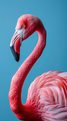 beautiful full body of pink flamingo on a pastel dark blue background