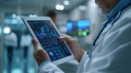 A doctor in a hospital setting analyzes medical data on a tablet, showing modern healthcare technology.