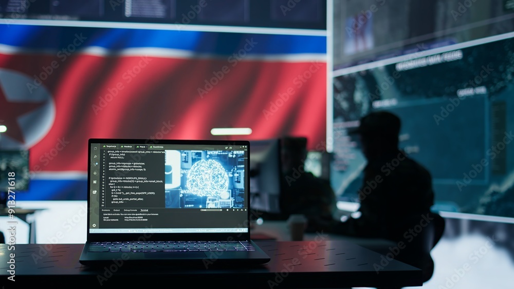 Poster military personnel working next to ai brain neural network in a command post with a north korea flag
