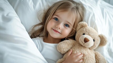 Blonde Caucasian Girl with Blue Eyes Cuddling Teddy Bear in Bed, Close-Up