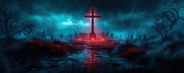 Naklejka premium Midnight graveyard with eerie lighting and shadowy figures, creating a spooky atmosphere, Horror, Dark tones, Digital painting