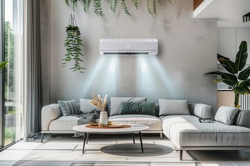 A stylish modern living room featuring an air conditioner on the wall, a comfortable couch, and decorative plants creating a bright and inviting atmosphere. Generative AI