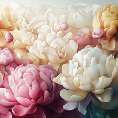 Fototapeta premium Pastel, abstract, floral arrangement, close-up of delicate, colorful, blooming peonies, capturing the beauty, nature and elegance, artwork, floral art concept