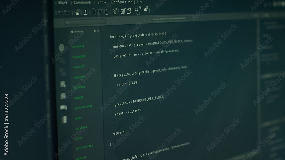 Poster close up of lines of code running on computer display in modern data center, monitoring security thr