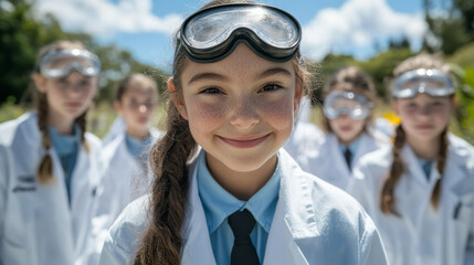 Group of young Caucasian girls wearing lab coats and safety goggles, smiling in a science camp.