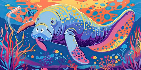 Fototapeta premium Colorful manatee swimming amongst coral and fish.