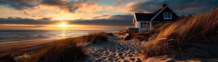 Shoreline village with quaint cottages and sandy paths, evoking simplicity and beauty, Realism, Soft hues, Photography
