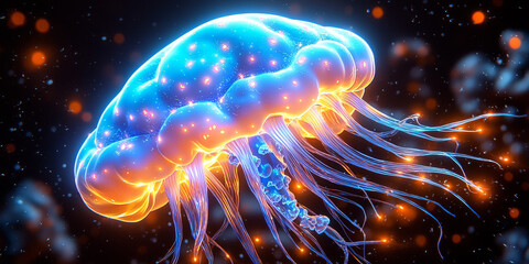 Naklejka premium A neon blue digital illustration of a brain in the shape of a jellyfish against a dark background, symbolizing artificial intelligence.