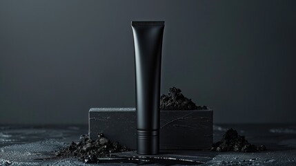 The plain black plastic tube of facial cream stands against a dark black background and elegantly accentuates the masculine for men's clean skin