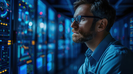 IT professional analyzing data in a server room, highlighting technology, cybersecurity, and information management in a modern data center.