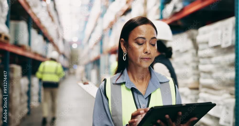 Poster Logistics, tablet and woman in warehouse for inspection, planning export stock or inventory management. Technology, distribution and person in storage plant on digital app for online shipping list