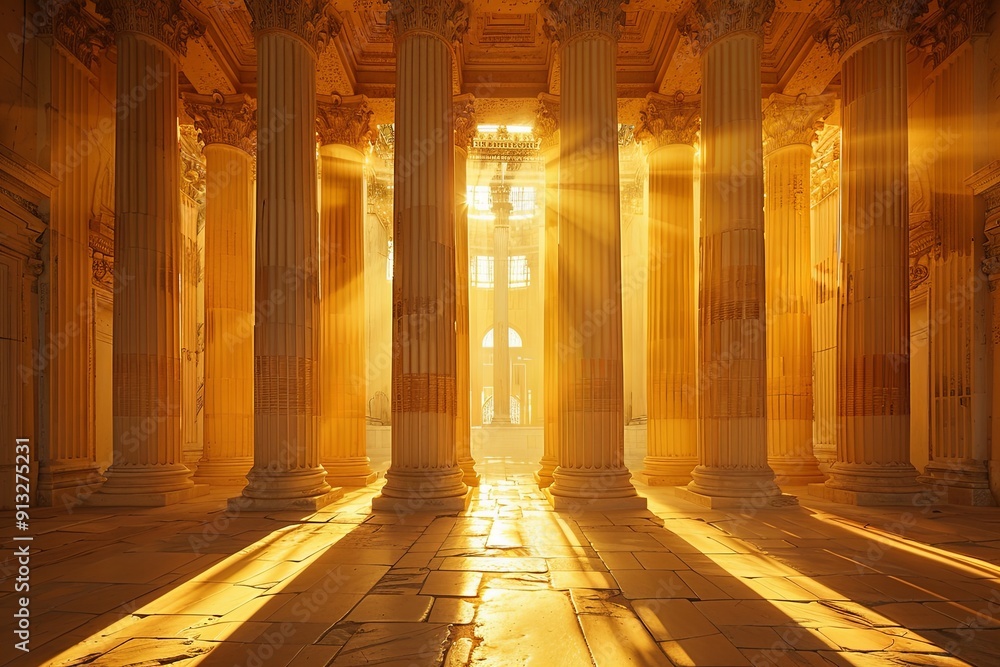 Poster golden light filters through majestic columns, creating a serene atmosphere at dawn. generative ai