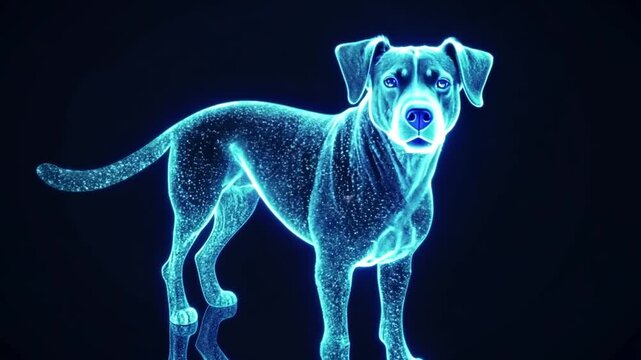 A dog is standing on a black background with a blue glow. The dog is looking at the camera