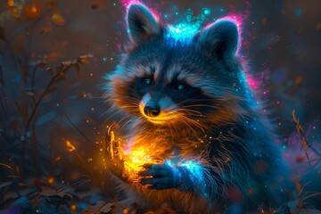 A raccoon dog spirit with glowing fur holds a vibrant orb in a mystical forest at twilight. Generative AI