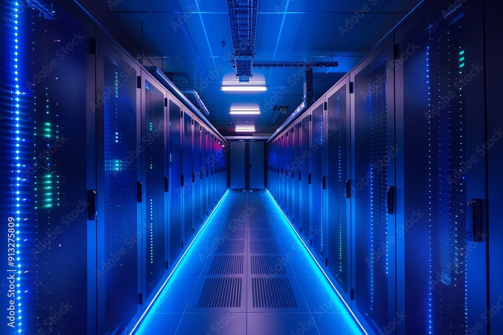 Poster a server room filled with bluish lighting, showcasing rows of computer servers and advanced technolo