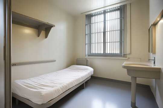 Modern prison cell interior with bed and sink