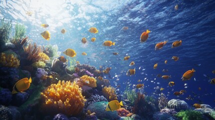 Fototapeta premium A lively underwater world featuring a diverse array of colorful fish swimming among a thriving coral reef.