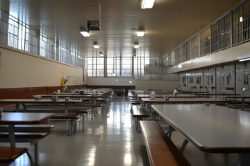 Empty prison dining hall with tables and benches
