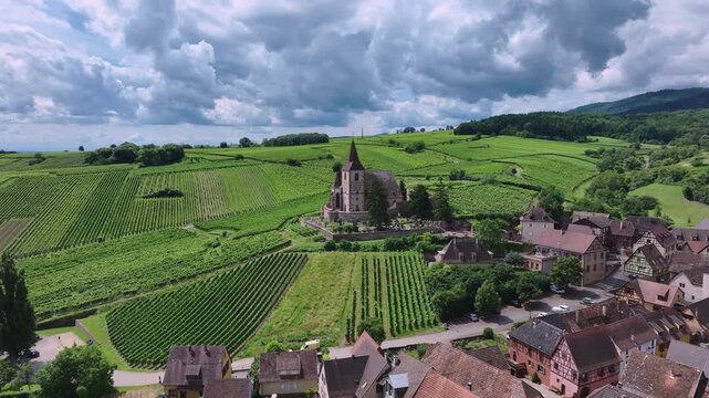 Hunawihr French Village Among Vineyards, Alsace Province, Aerial View