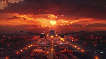 Airplane Landing at Sunset Over Busy Airport Runway in Evening Sky