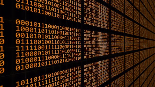 Binary numbers changing on black background Binaries orange 4K Endless binary numbers on black background. Camera angled, travelling. Hackers interpretation code troubleshooting hacking coding