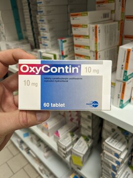 Prague,Czech Republic-August 7 2024: OXYCONTIN box of medication with OXYCODONE active substance by PURDUE PHARMA,used for treatment of chronic pain

