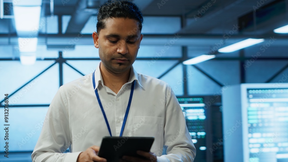 Poster programmer walking in high tech data center used for managing infrastructure energy consumption, wor