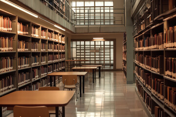 Modern prison library with rows of bookshelves and study tables