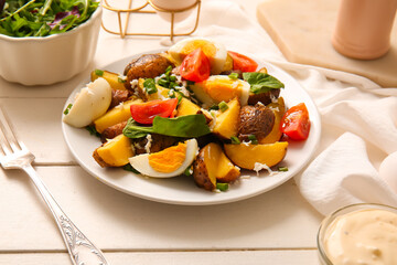 Plate of tasty potato salad with eggs and tomatoes on light wooden background